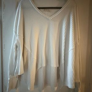 White V-Neck Waffle Knit Sweater